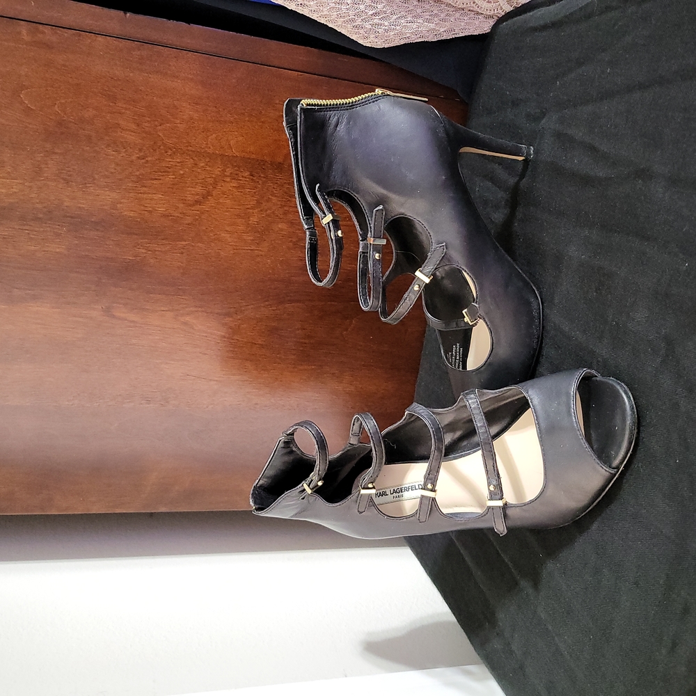 Black leather strappy heels by Karl Lagerfeld, size 8